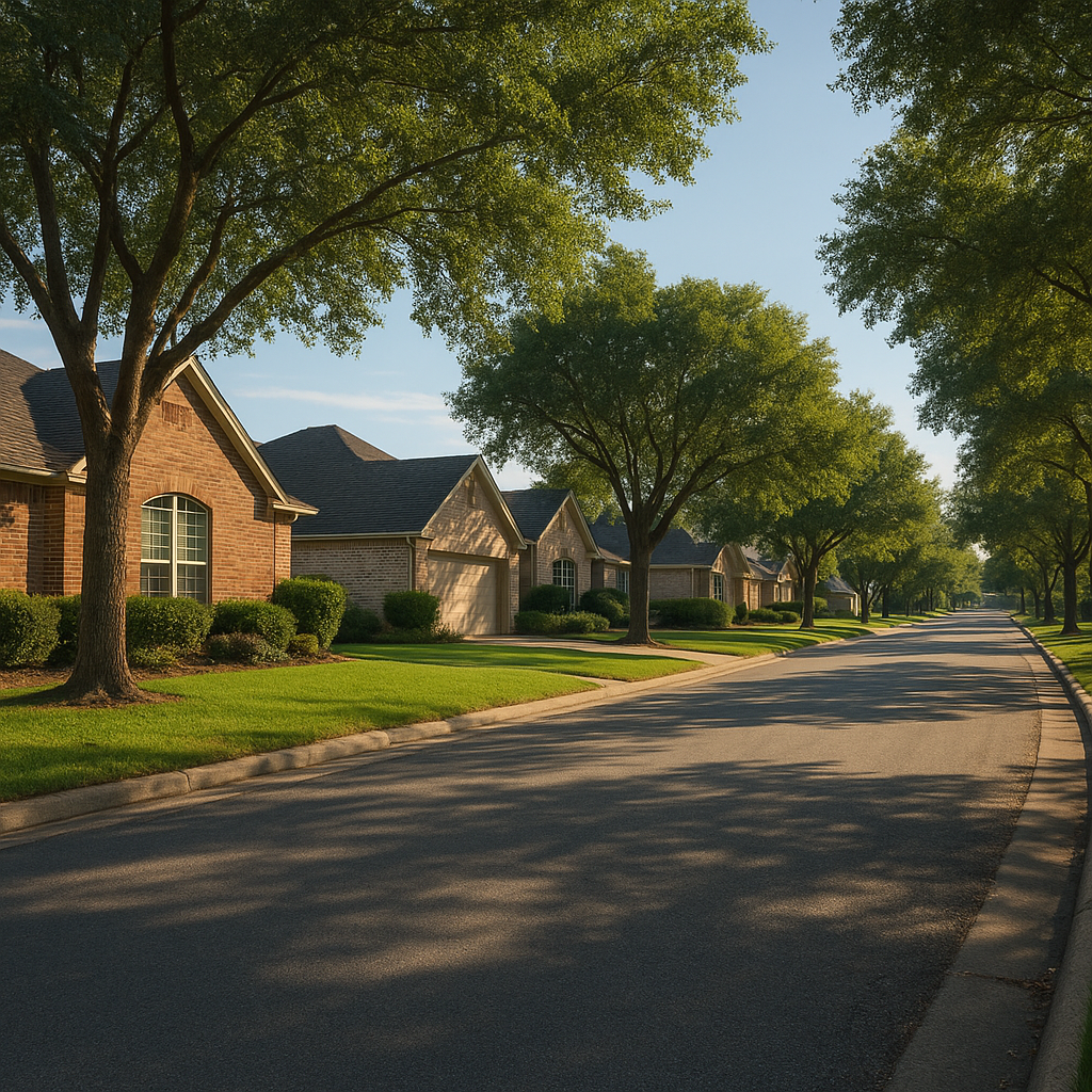 Quiet Texas suburban street with single-family homes, Kaufman County region