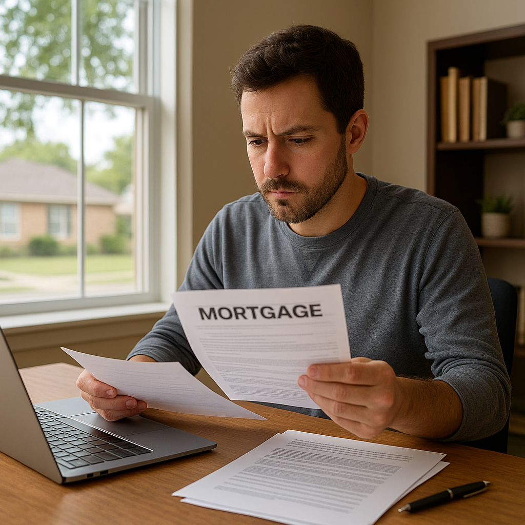 Texas homeowner reviewing home equity loan paperwork at a home office desk with a laptop open