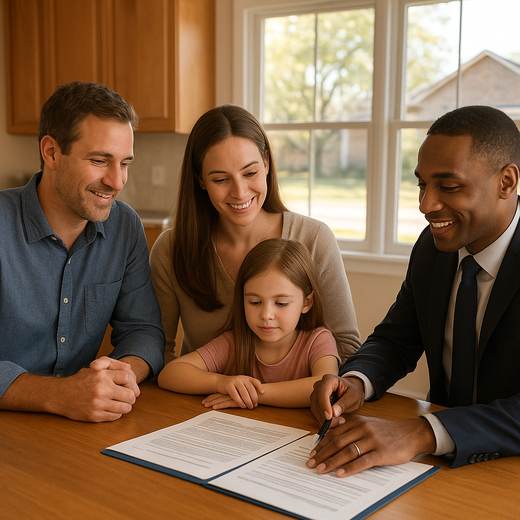 Family reviewing home buying paperwork with a loan officer in Allen Texas