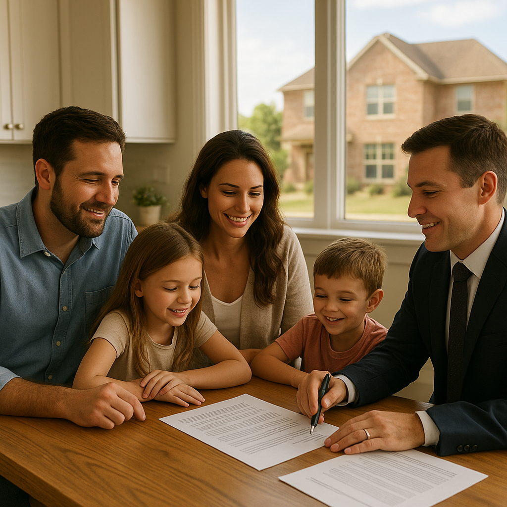 Family reviewing home buying paperwork with a loan officer in Arlington Texas