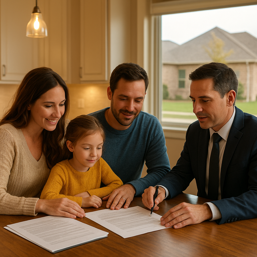 Family reviewing home buying paperwork with a loan officer in Dallas Texas