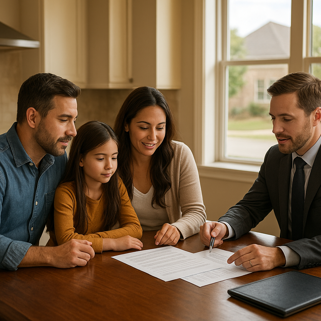 Family reviewing home buying paperwork with a loan officer in Denton Texas