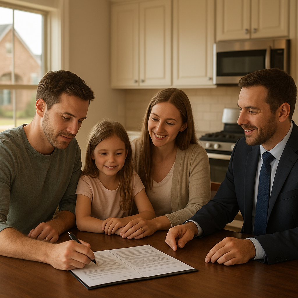 Family reviewing home buying paperwork with a loan officer in Fort Worth Texas