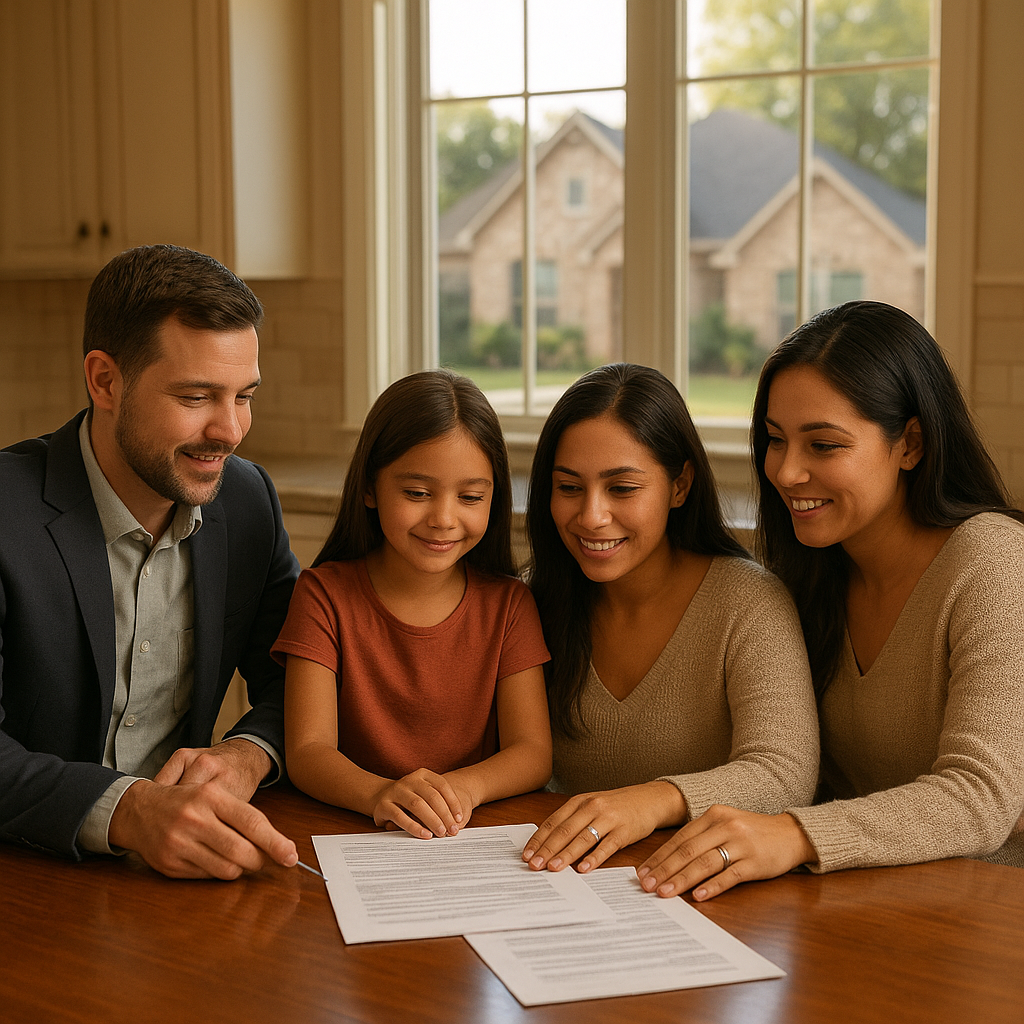 Family reviewing home buying paperwork with a loan officer in Frisco Texas