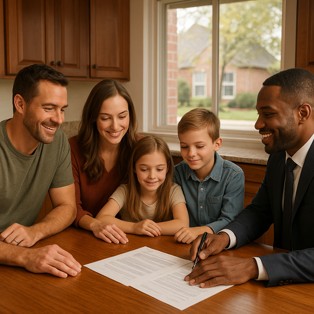 Family reviewing home buying paperwork with a loan officer in Garland Texas