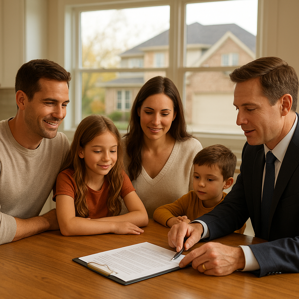 Family reviewing home buying paperwork with a loan officer in Irving Texas