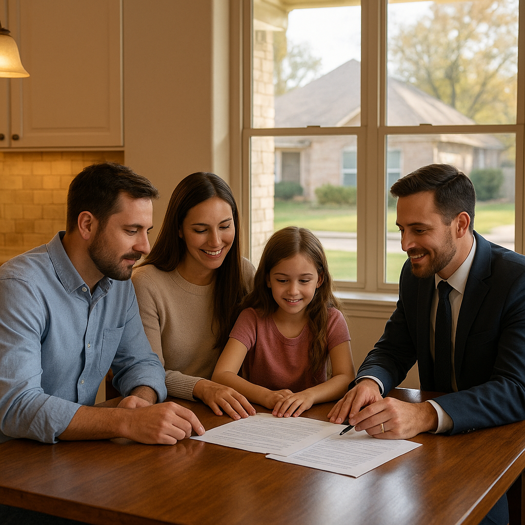 Family reviewing home buying paperwork with a loan officer in Lewisville Texas