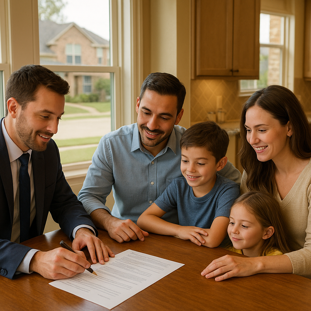 Family reviewing home buying paperwork with a loan officer in McKinney Texas