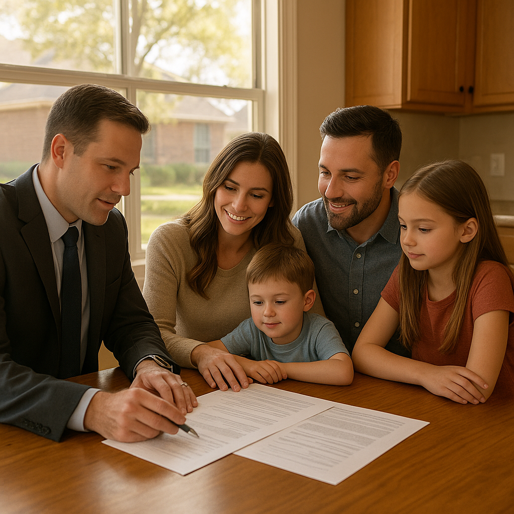 Family reviewing home buying paperwork with a loan officer in Mesquite Texas