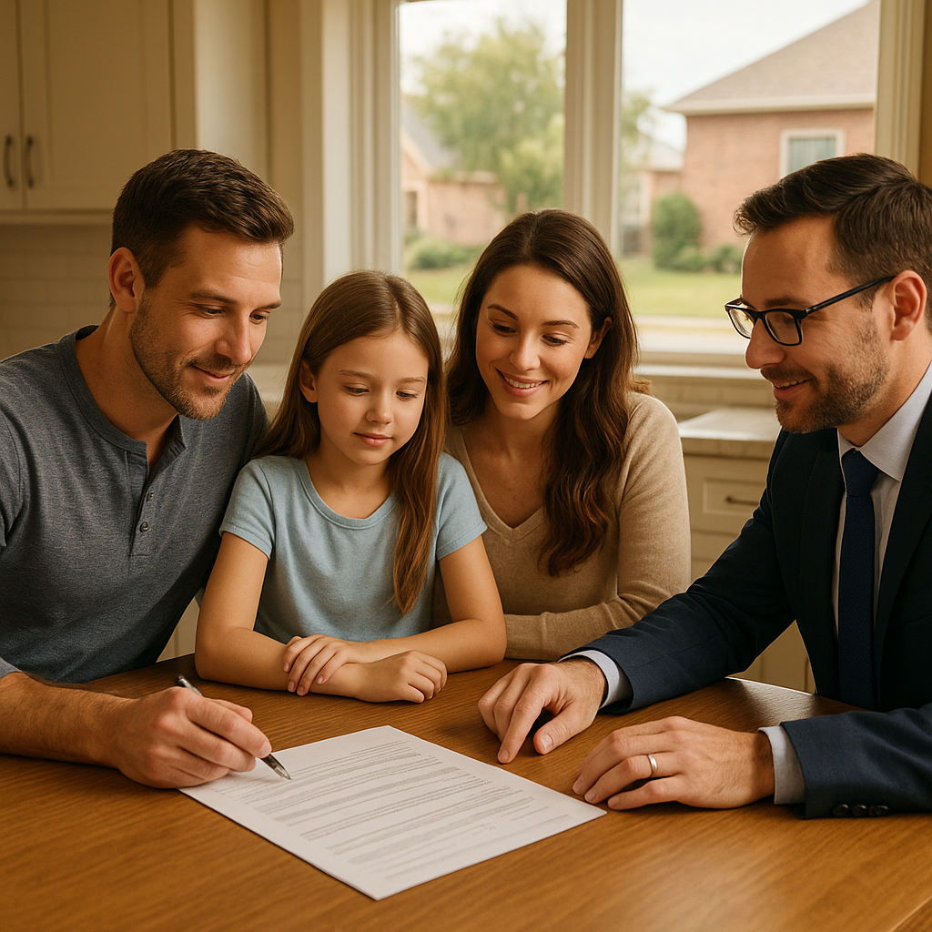 Family reviewing home buying paperwork with a loan officer in Plano Texas