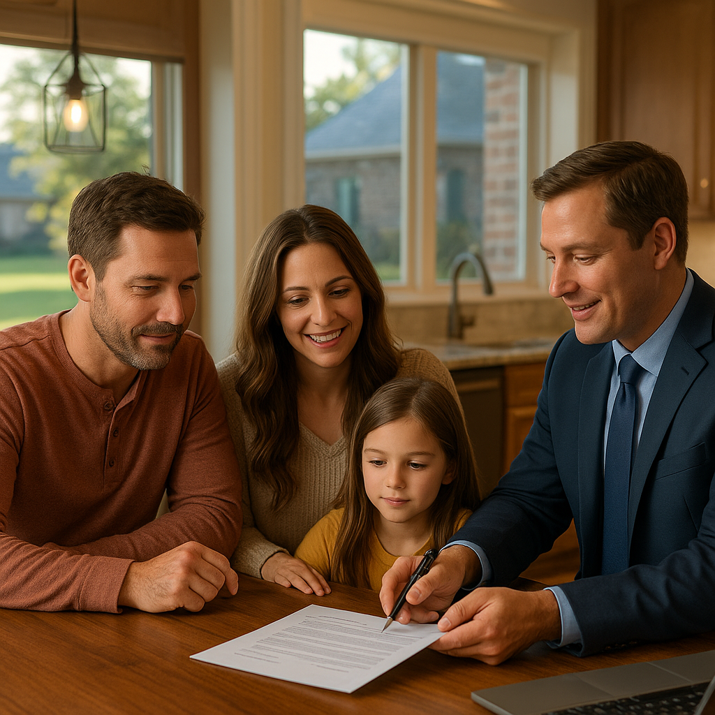 Family reviewing home buying paperwork with a loan officer in Rockwall Texas