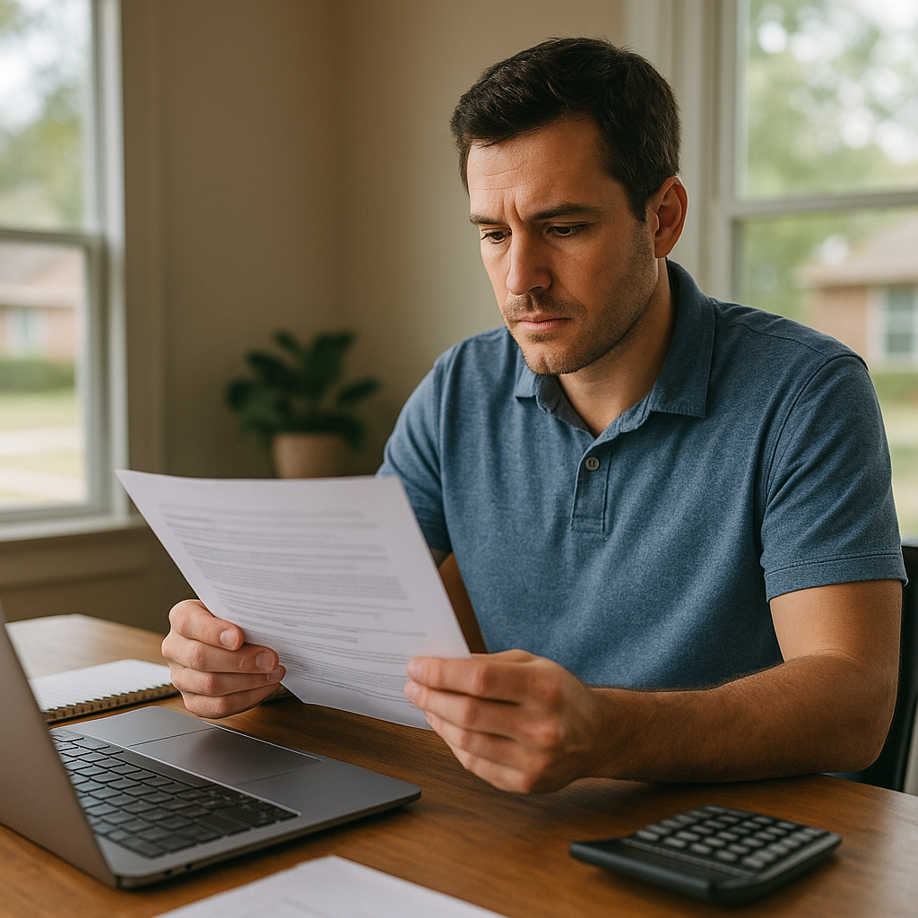 Homeowner reviewing PMI removal paperwork on laptop at home office desk in Texas
