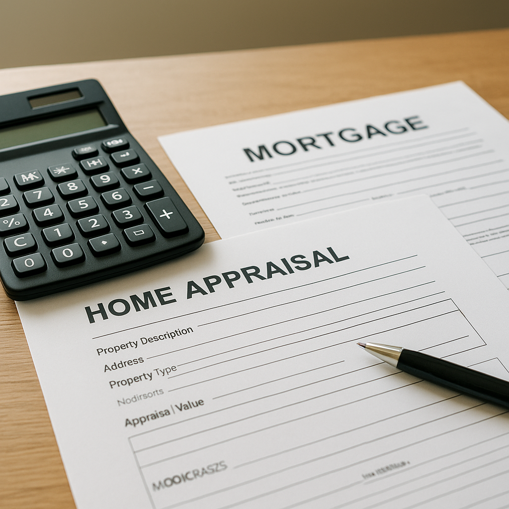 Home appraisal report and mortgage documents with a calculator on a wooden desk