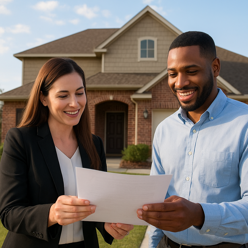 Real estate agent and homebuyer reviewing a home appraisal report for low appraisal post