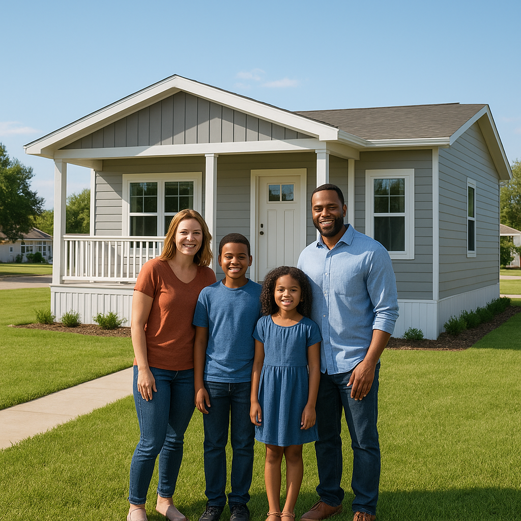 Modern manufactured home with green lawn in Texas suburban setting