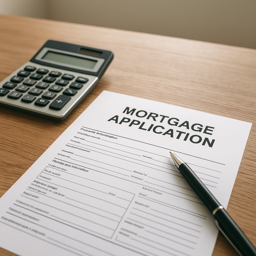 Mortgage application form with calculator on a desk
