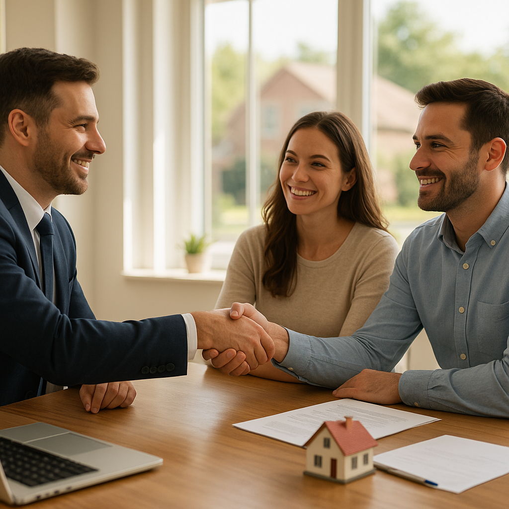 Mortgage lender in Garland TX shaking hands with a smiling couple in a bright office