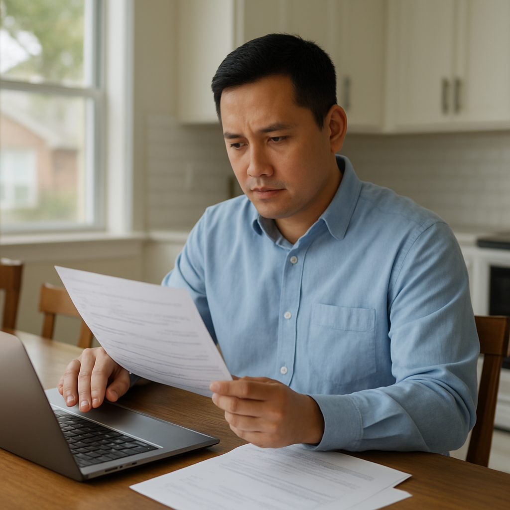 Person reviewing mortgage points and buydown paperwork on laptop at kitchen table in Texas