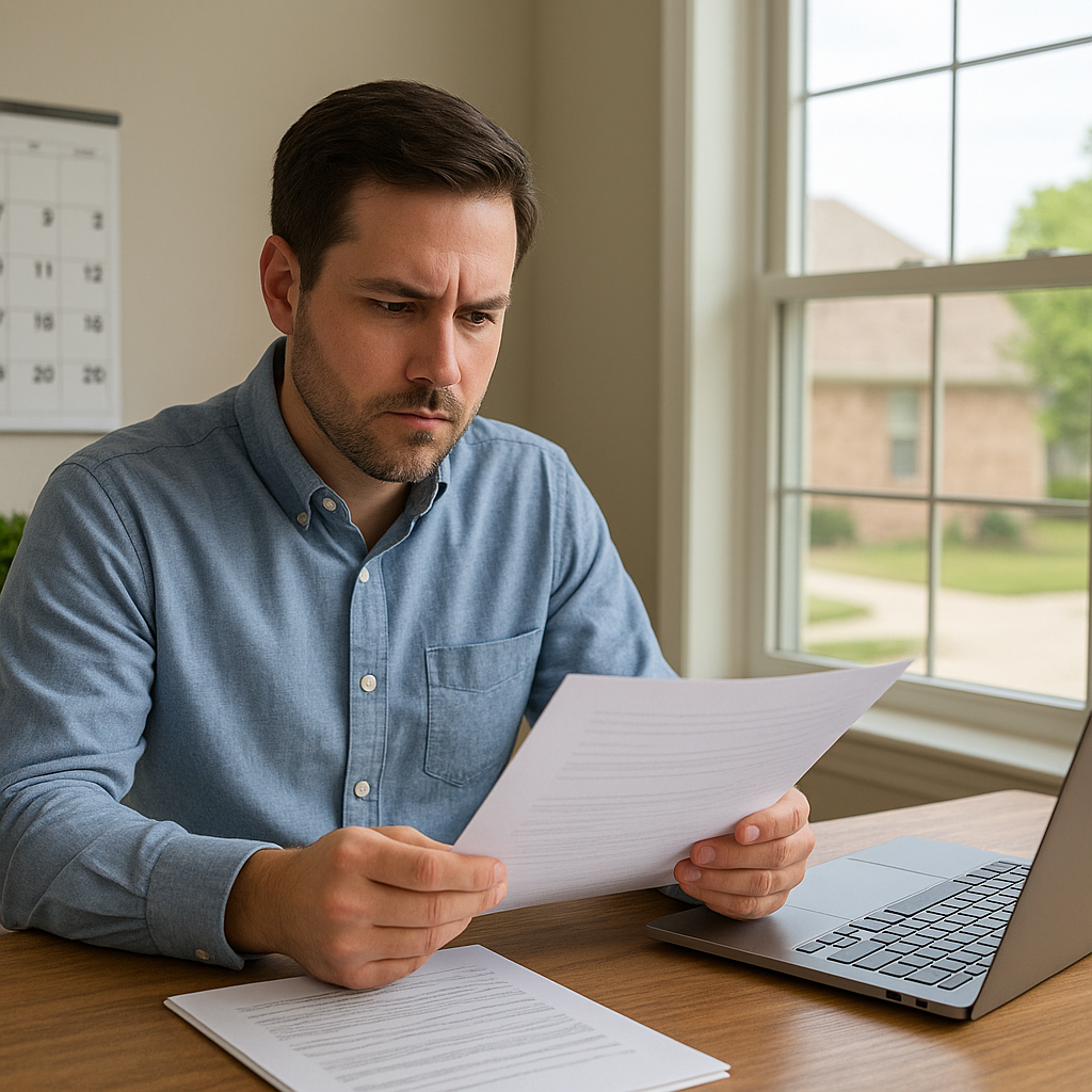 Texas homeowner reviewing mortgage rate lock paperwork and closing calendar at a home office desk