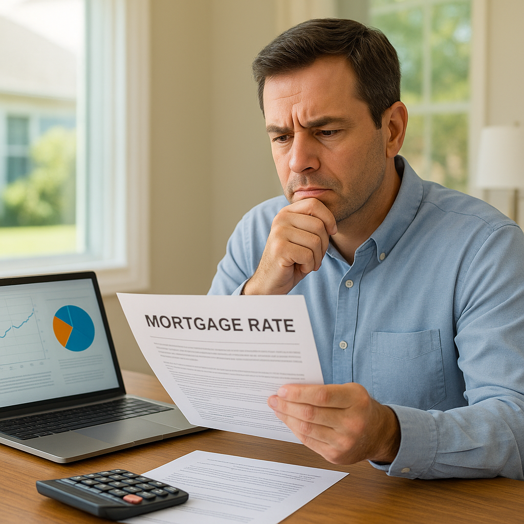 Texas homeowner reviewing mortgage rate documents with calculator at 7.5% rate environment October 2026