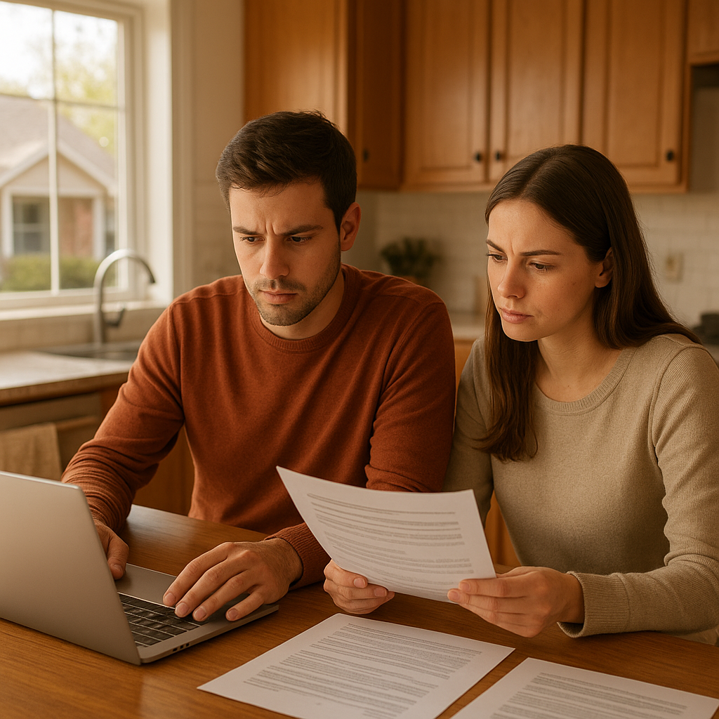 Texas couple reviewing mortgage rate options at kitchen table with 7% rates fall 2026