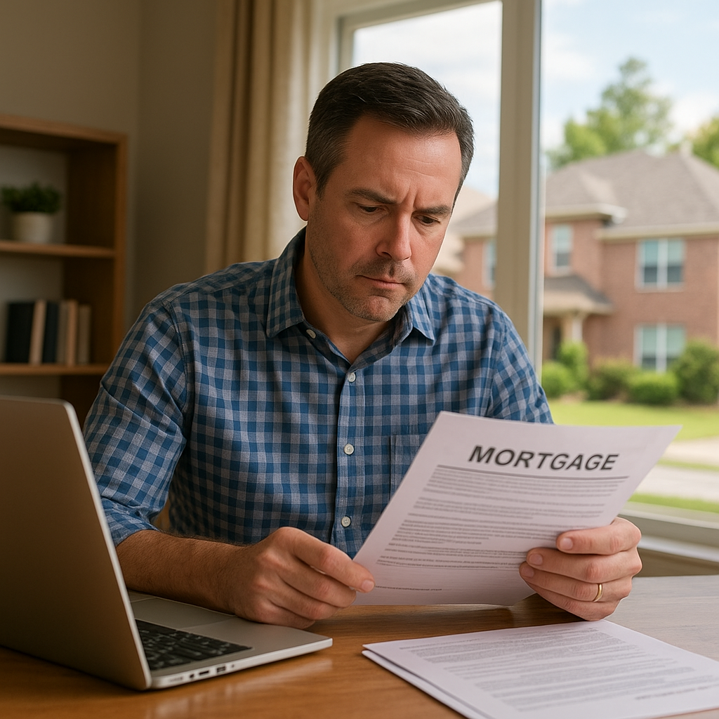 Texas homeowner reviewing mortgage recast paperwork at a home office desk with a laptop