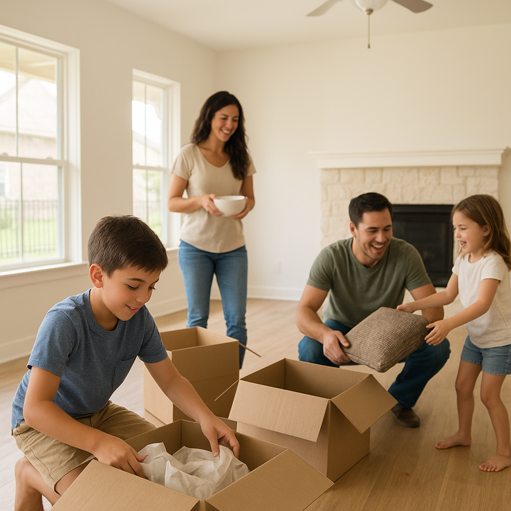 Family unpacking boxes in new Allen Texas home mortgage guide
