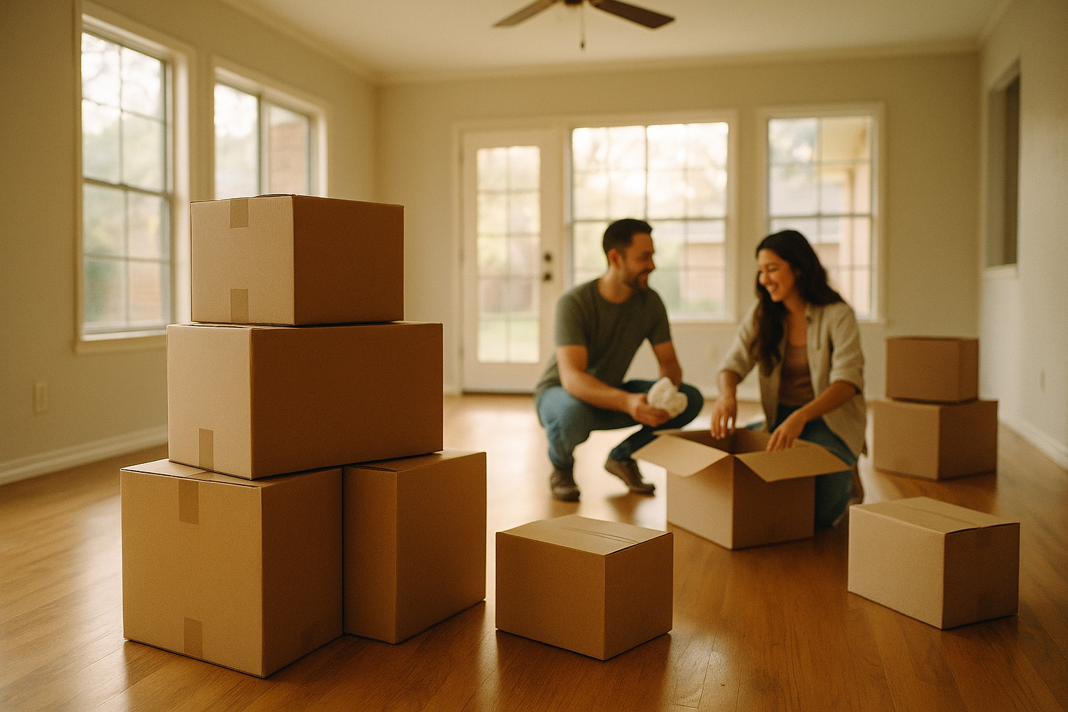 Moving boxes in a bright empty living room of a home in Denton, Texas
