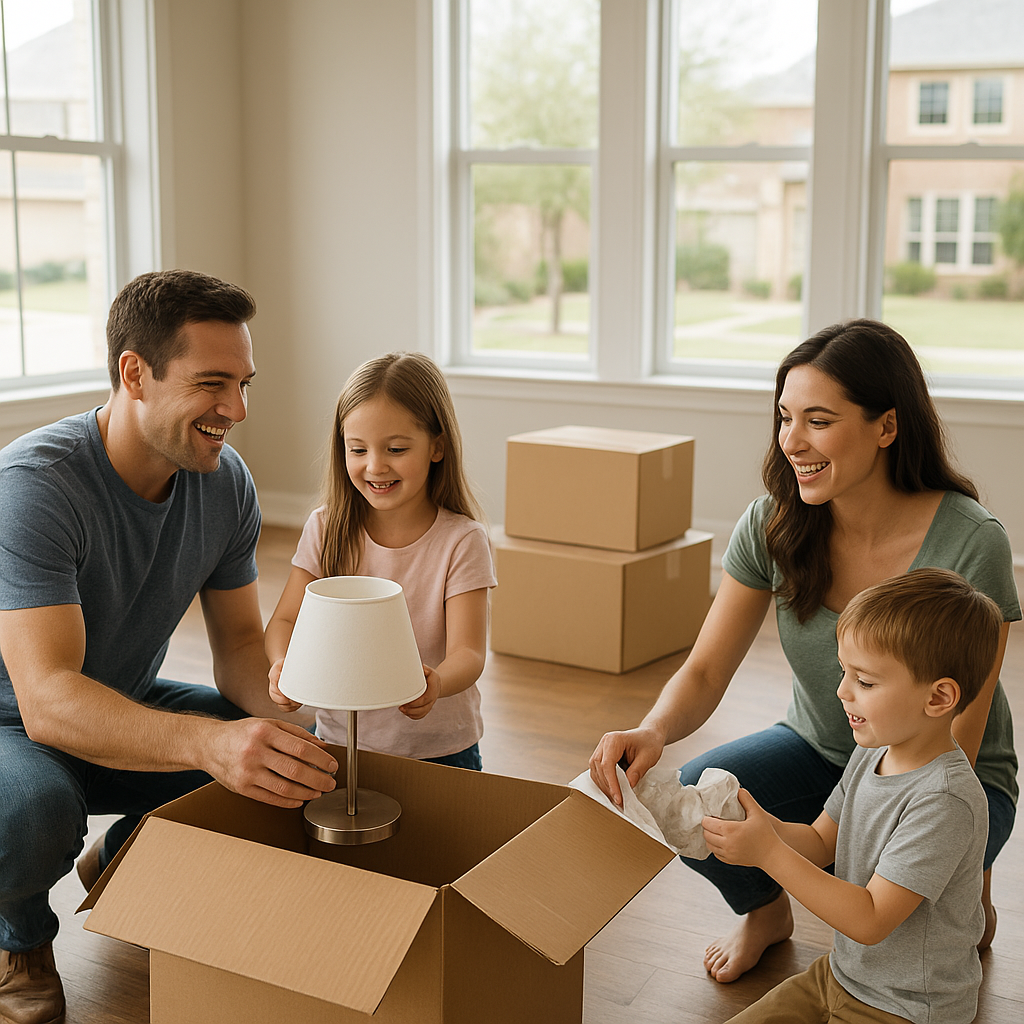 Family unpacking boxes in new Flower Mound Texas home mortgage guide