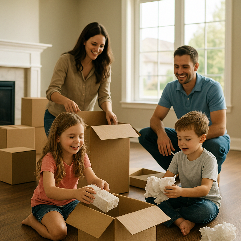 Family unpacking boxes in new Forney Texas home mortgage guide