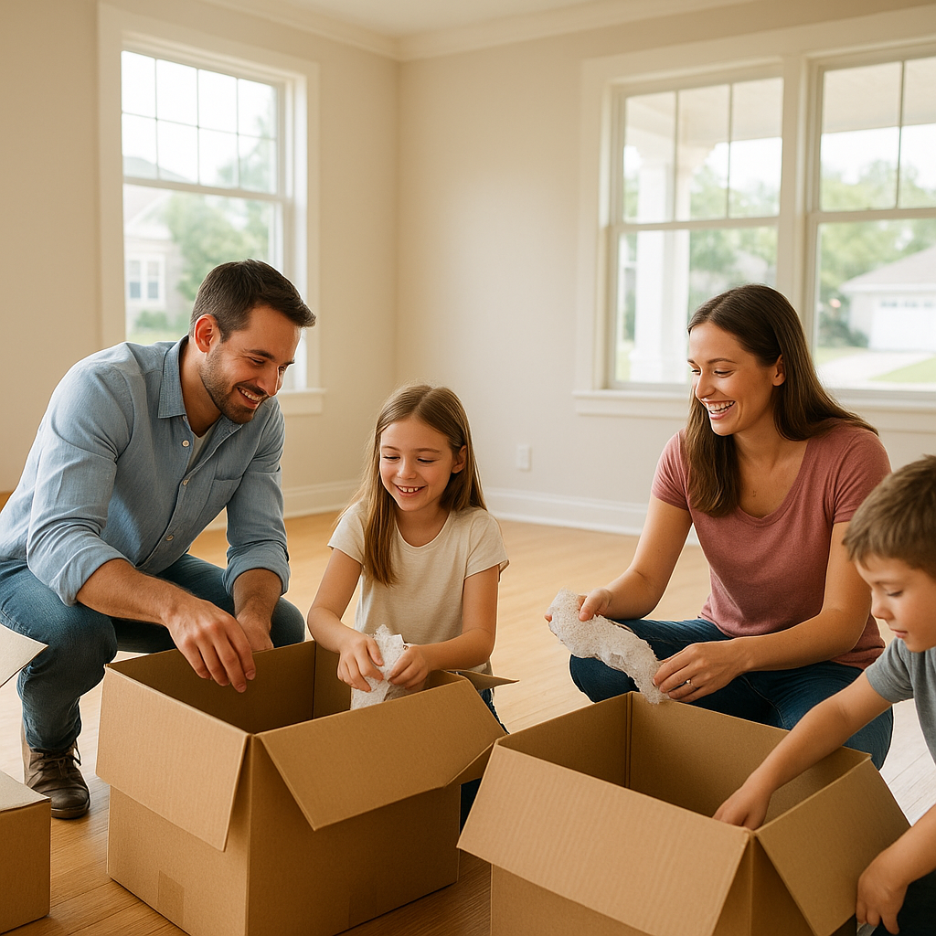 Family unpacking boxes in new Fort Worth Texas home mortgage guide