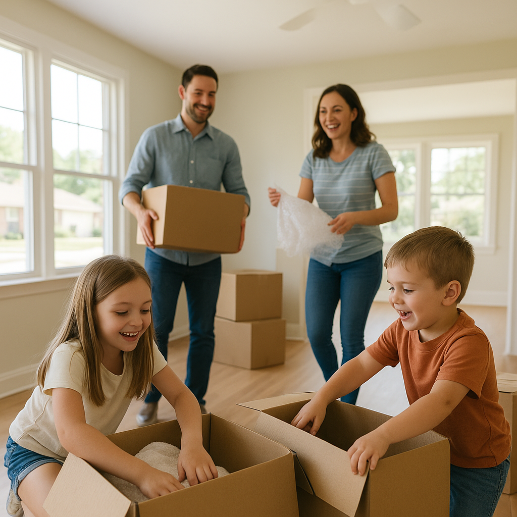 Family unpacking boxes in new Garland Texas home mortgage guide
