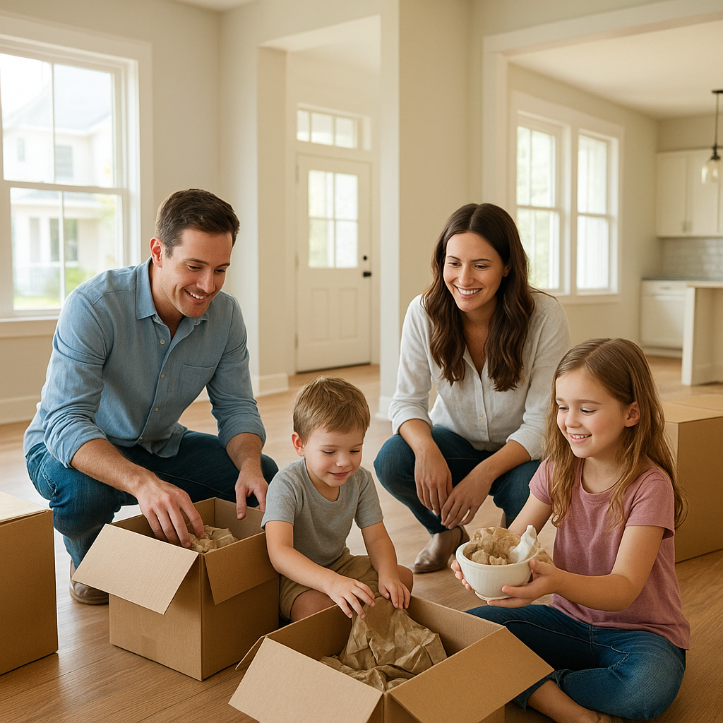 Family unpacking boxes in new Grapevine Texas home mortgage guide