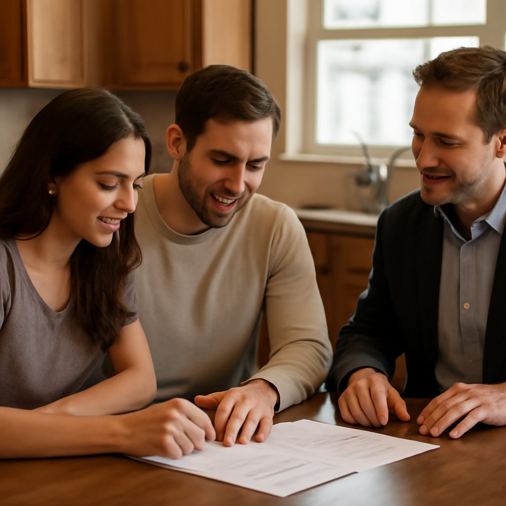 Couple reviewing mortgage documents at a kitchen table with a realtor while relocating to Irving, Texas