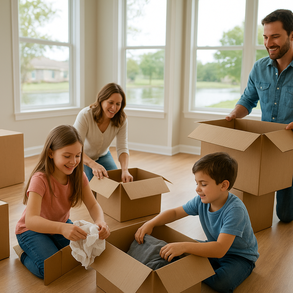 Family unpacking boxes in new Lewisville Texas home mortgage guide