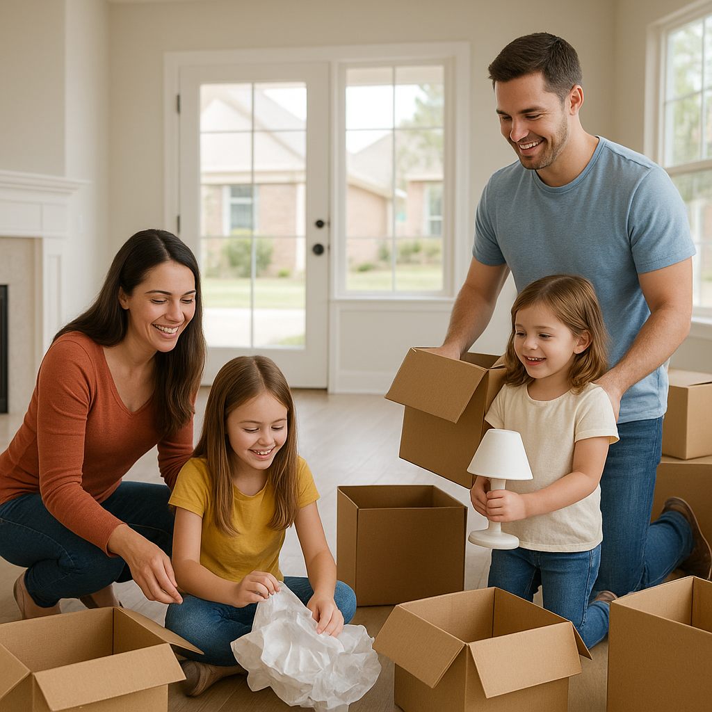 Family unpacking boxes in new Mansfield Texas home mortgage guide