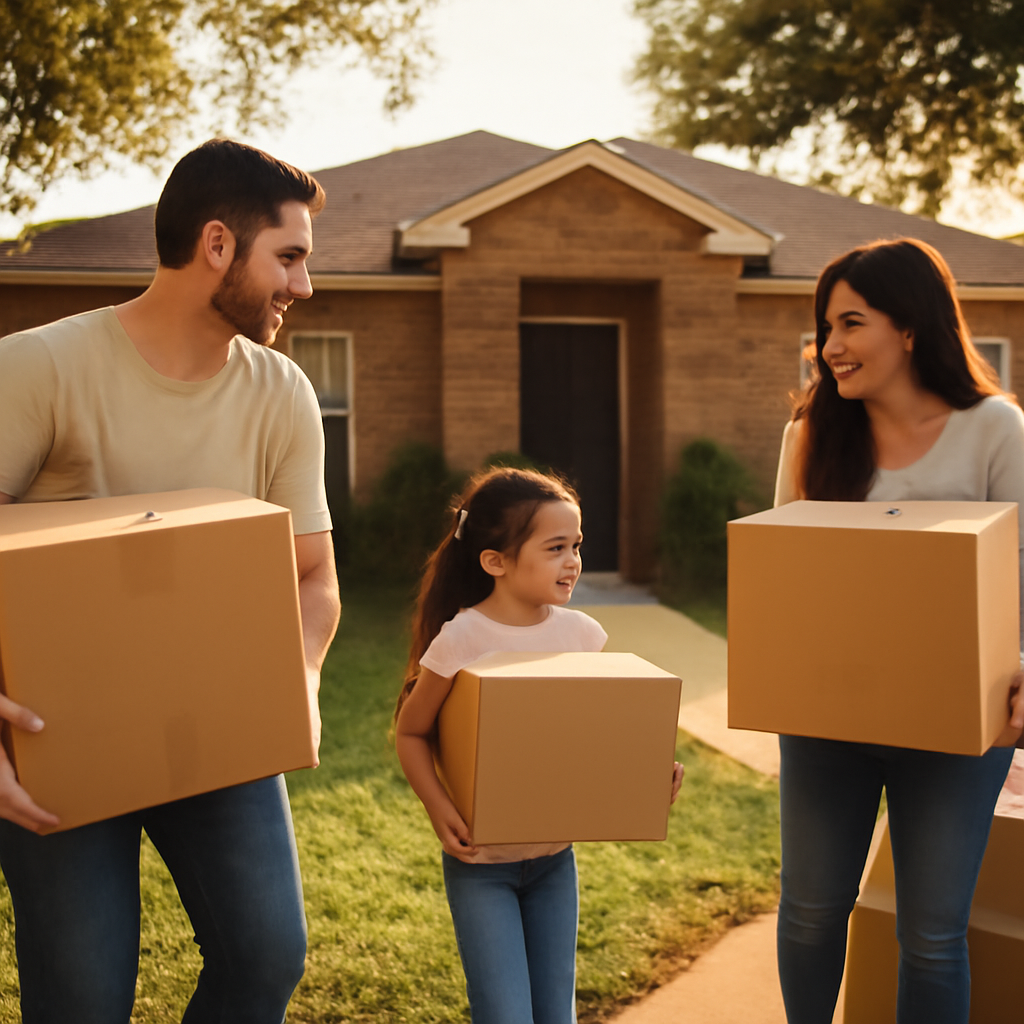 Family carrying moving boxes into their new home in Mesquite, Texas