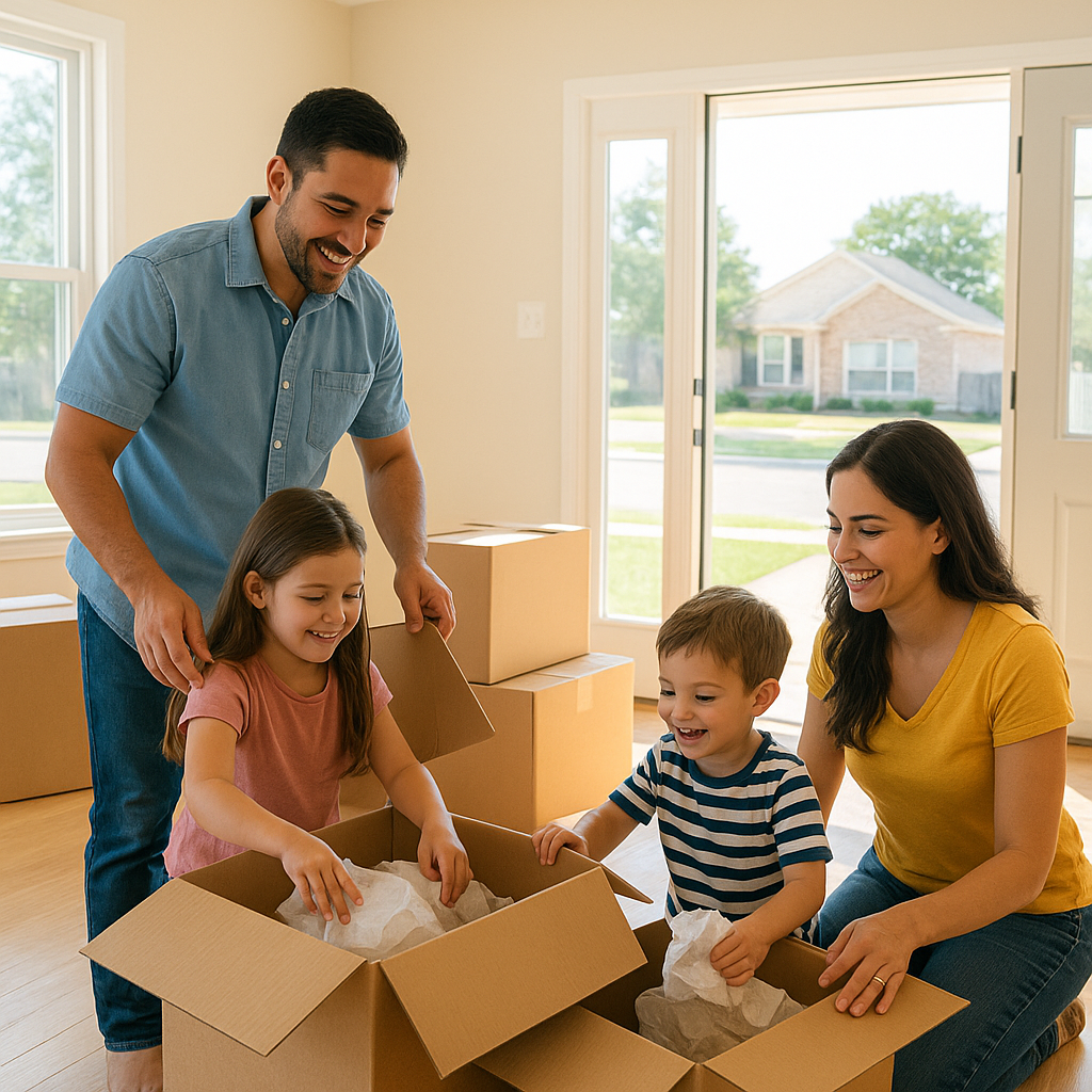 Family unpacking boxes in a bright new Prosper Texas home
