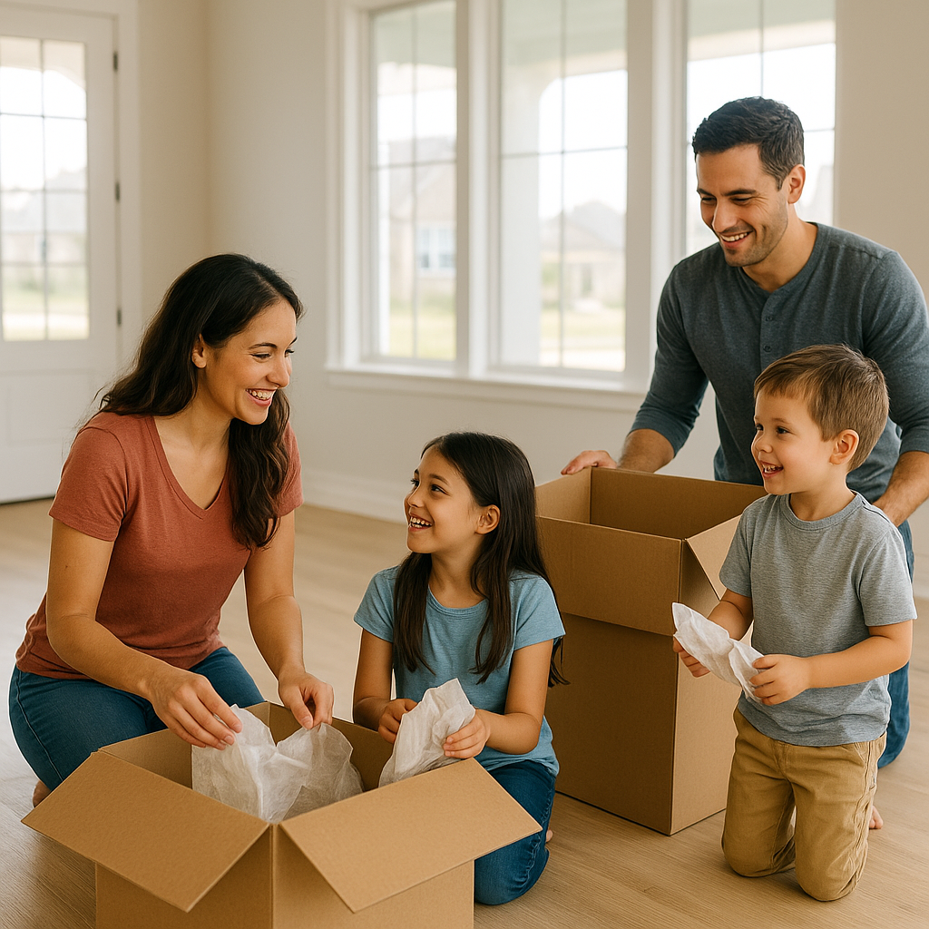 Family unpacking boxes in new Prosper Texas home mortgage guide