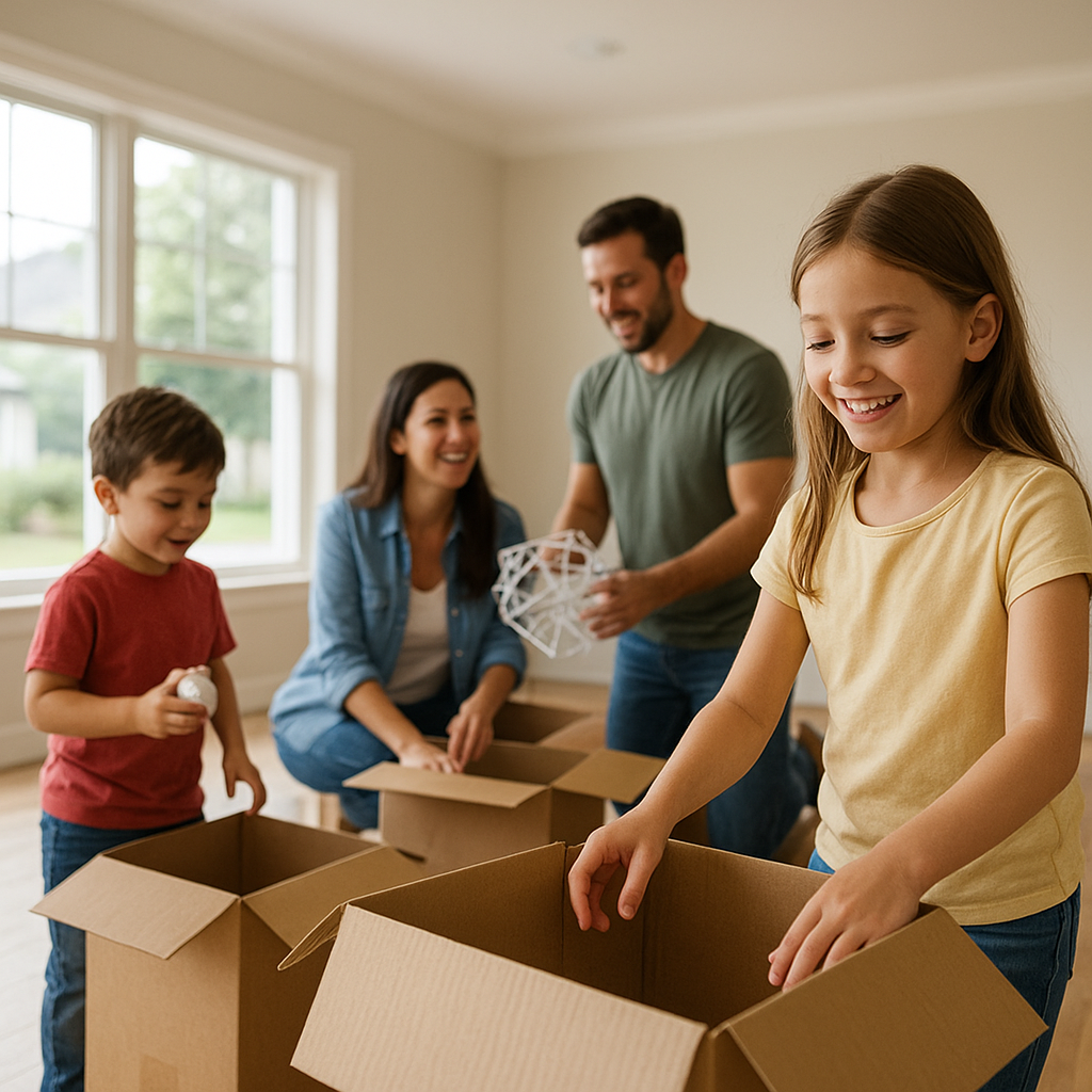 Family unpacking boxes in new Richardson Texas home mortgage guide