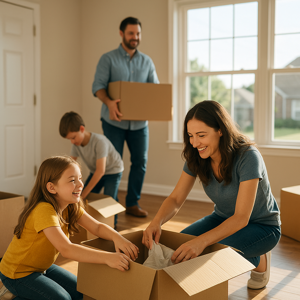 Family unpacking boxes in new Rockwall Texas home mortgage guide