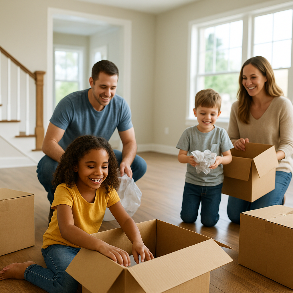 Family unpacking boxes in new Royse City Texas home mortgage guide