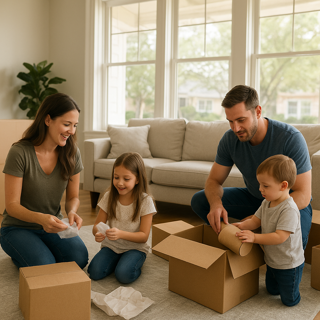 Family unpacking boxes in new Southlake Texas home mortgage guide