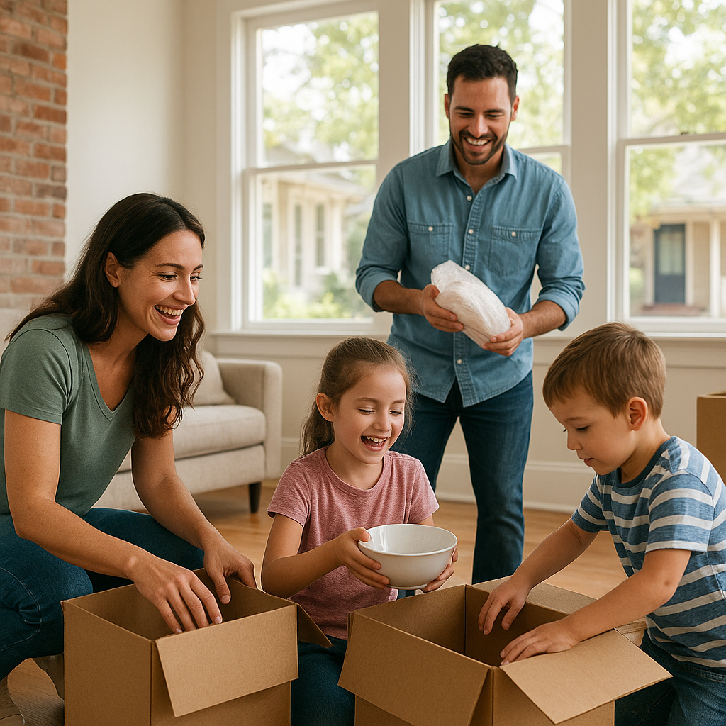 Family unpacking boxes in new Terrell Texas home mortgage guide