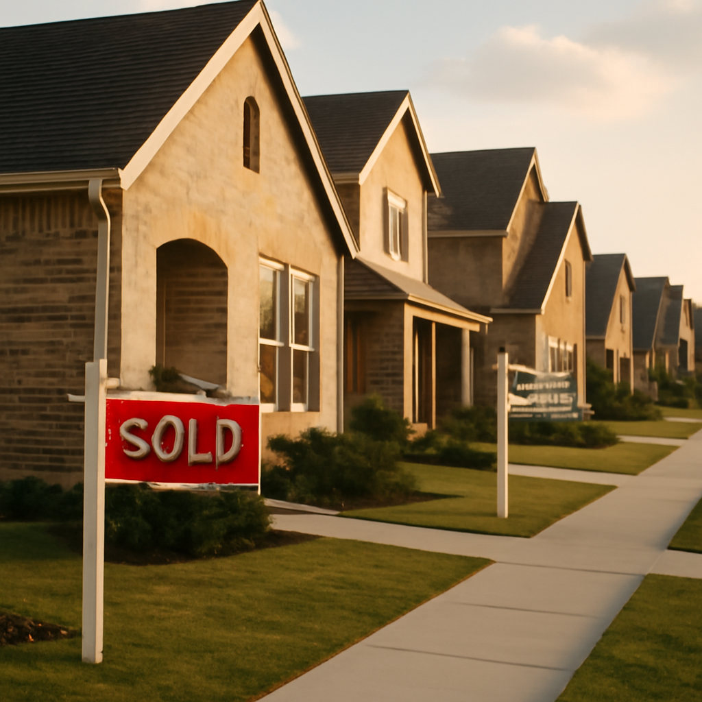 Row of new construction homes with for-sale signs in a growing DFW suburb like Prosper, Texas