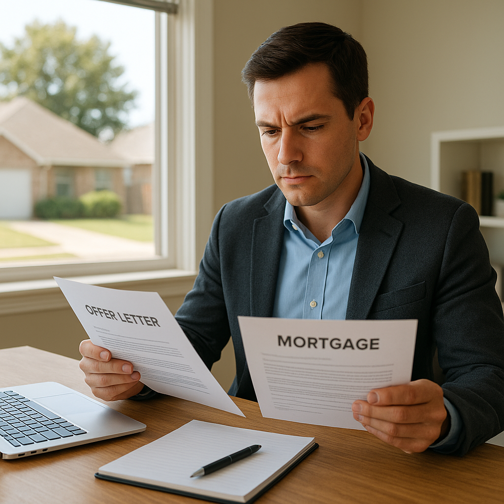Professional reviewing an offer letter and mortgage paperwork for new job mortgage post