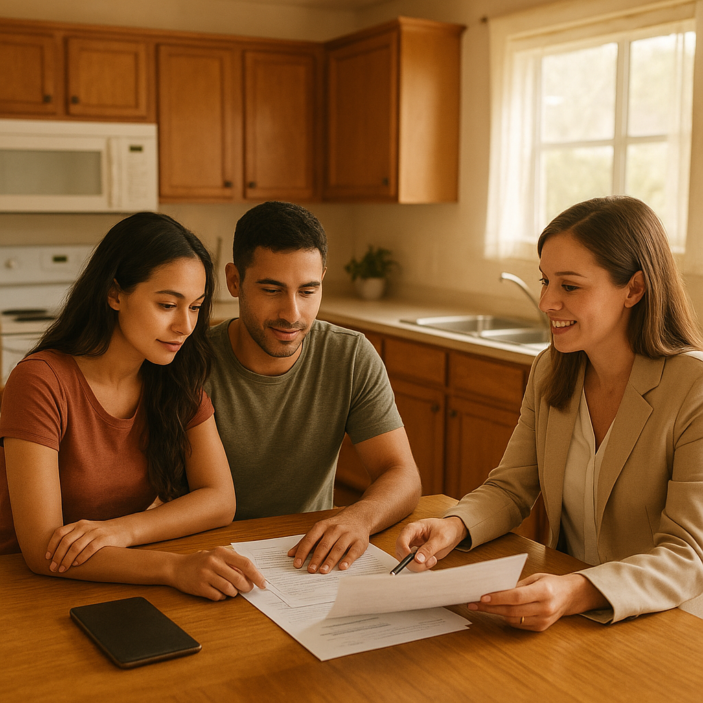 Couple reviewing mortgage documents at kitchen table with a realtor