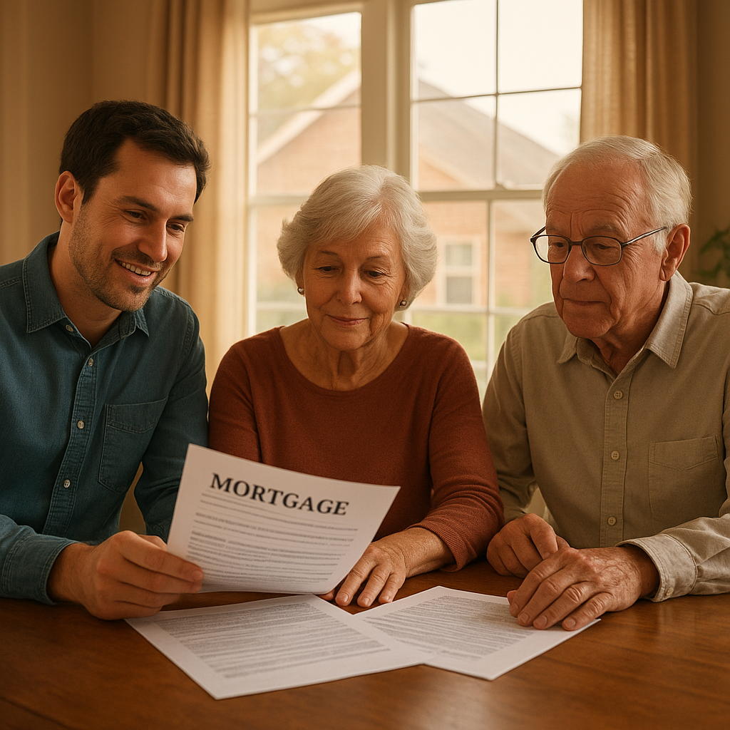 Adult child and parents reviewing mortgage documents for non-occupant co-borrower post