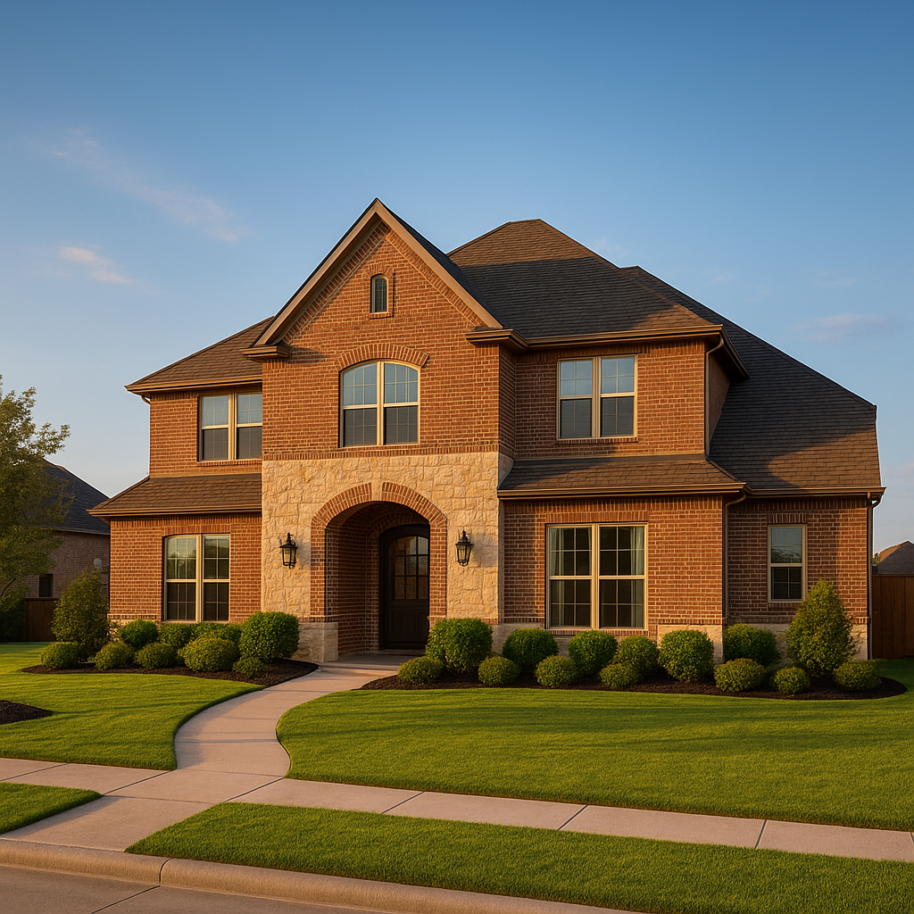 Upscale Collin County Texas home at golden hour, the kind of purchase where buyers compare piggyback loans to PMI