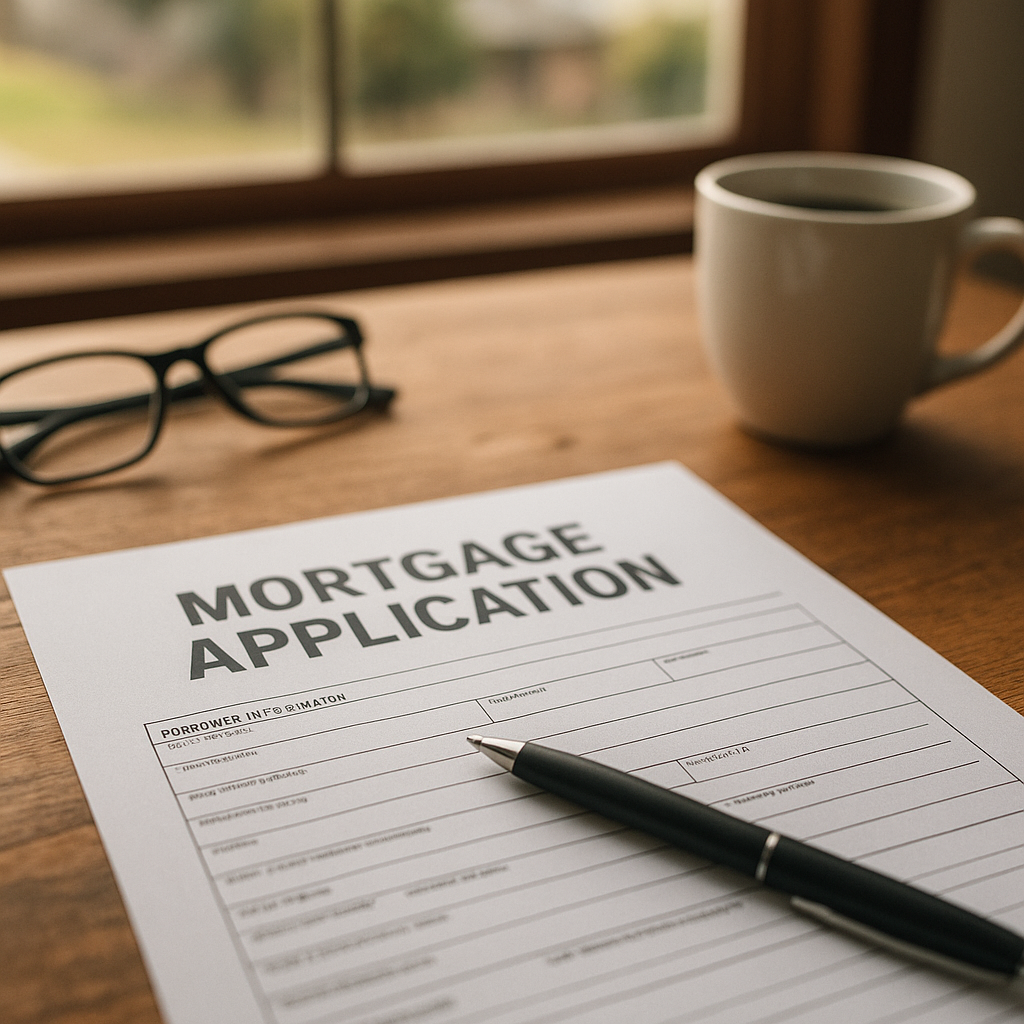 Close-up of mortgage insurance application paperwork with pen and coffee on wooden desk